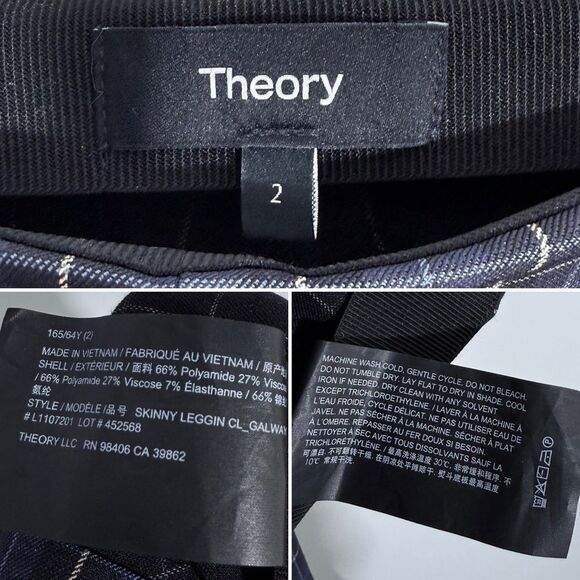 THEORY Galway Tech Skinny Pants Leggings Plaid Black Blue Ankle Side Zip Size 2 - Picture 9 of 16